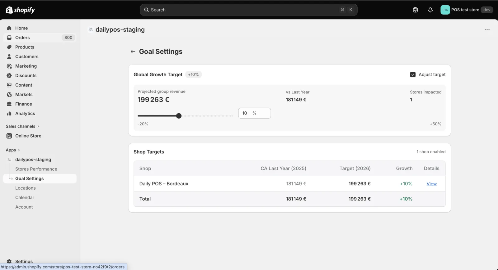 Daily POS Goal Settings screen with a global growth target slider and per-store target table