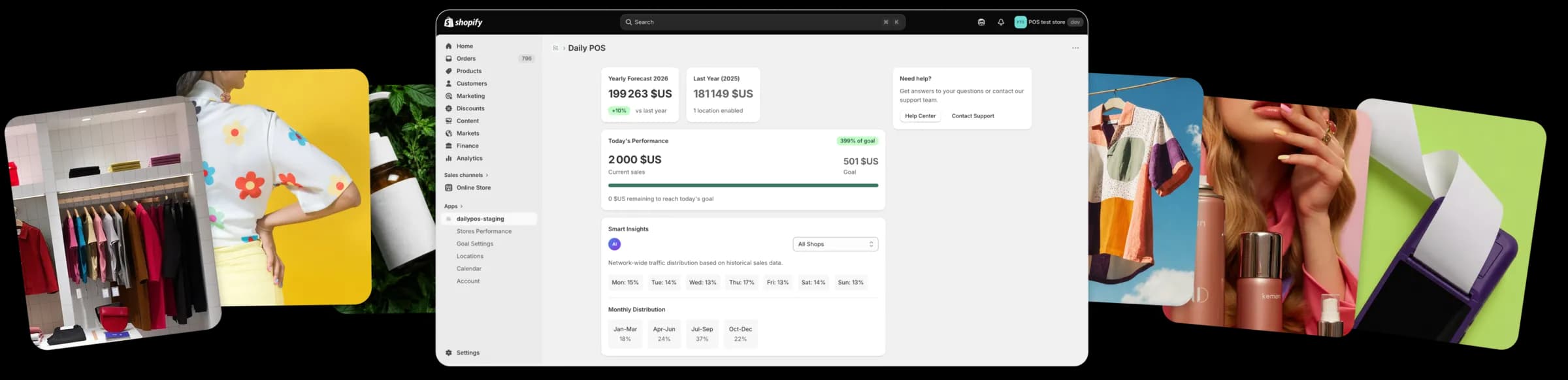Daily POS dashboard inside Shopify, surrounded by retail and product photography from stores using the app